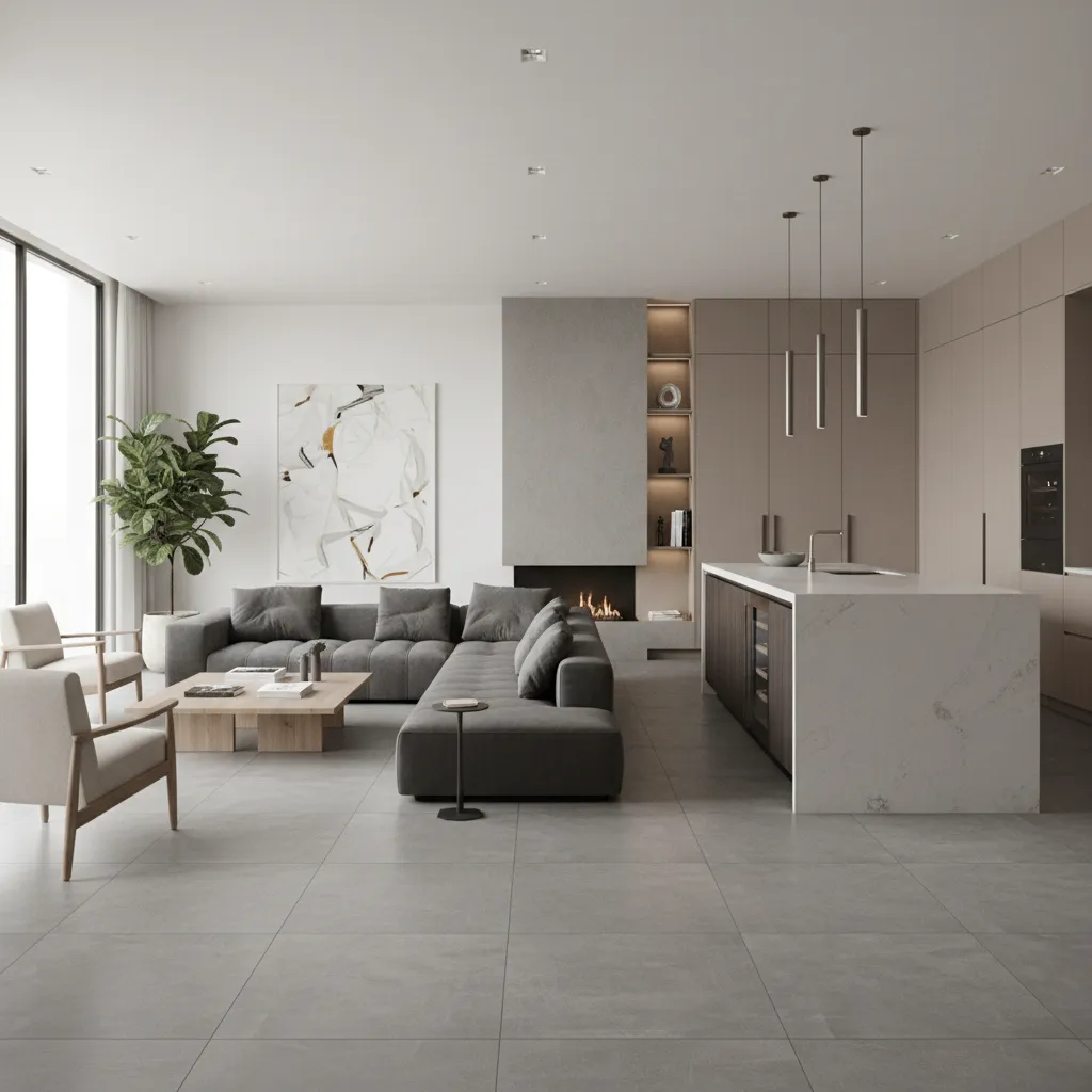 Open living room and kitchen using continuous porcelain tile flooring