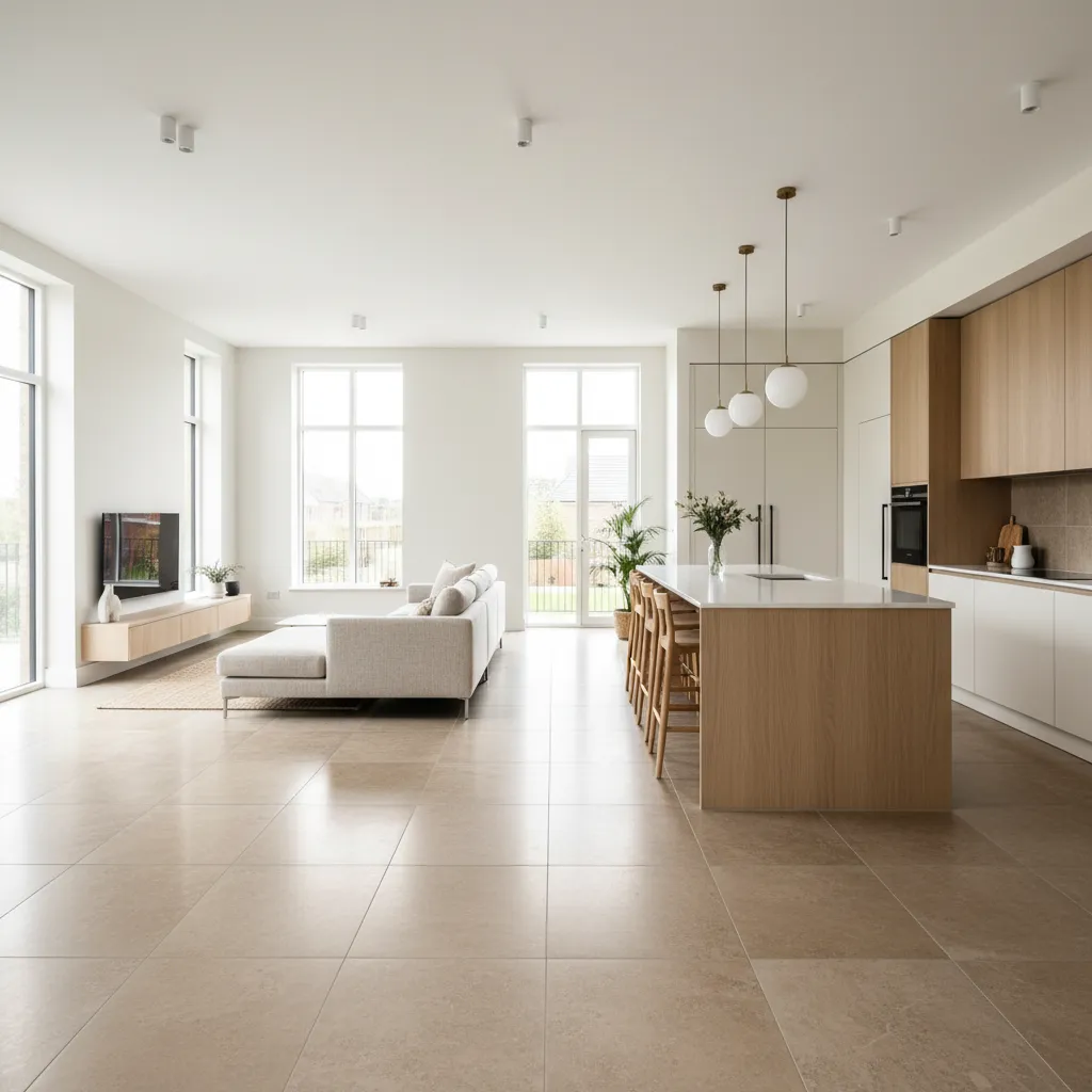 Open plan living room kitchen with beige floor tiles white sofa and large wooden island