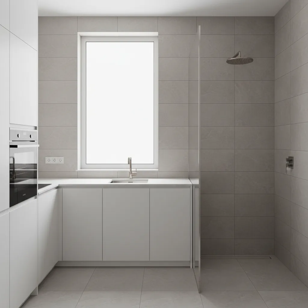 Porcelain tile wall surface used in a kitchen shower combo splash zone
