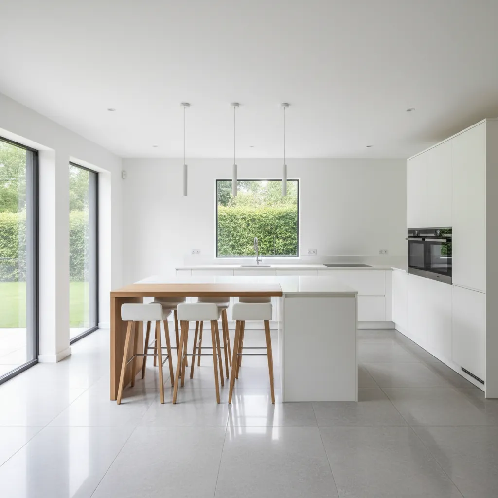 large format porcelain tile flooring in modern white kitchen