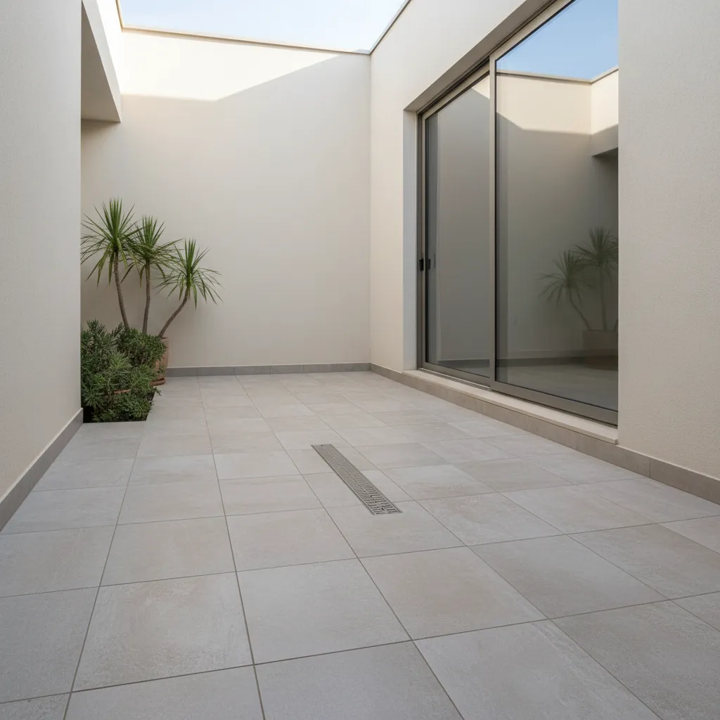 Suelo de porcelánico en patio interior pequeño con drenaje integrado