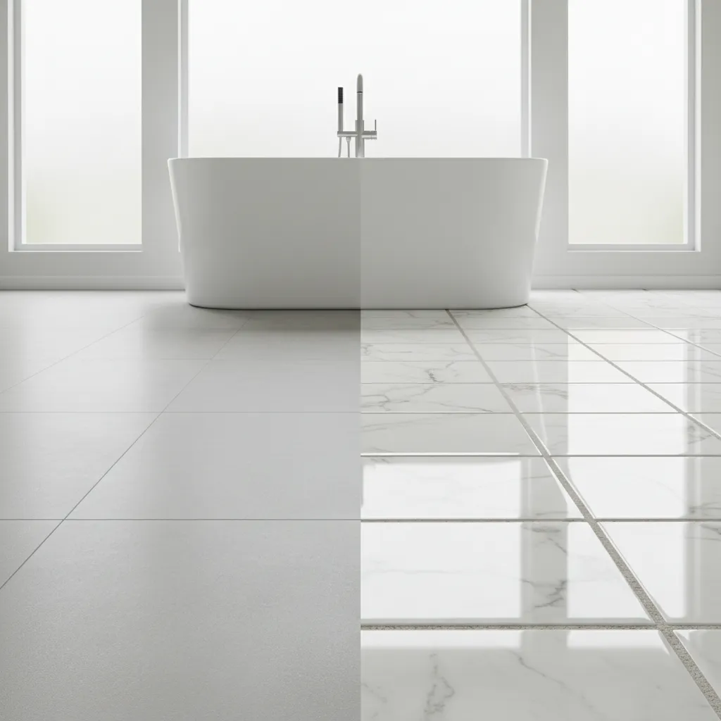 comparison bathroom floor showing porcelain tiles and ceramic tiles texture