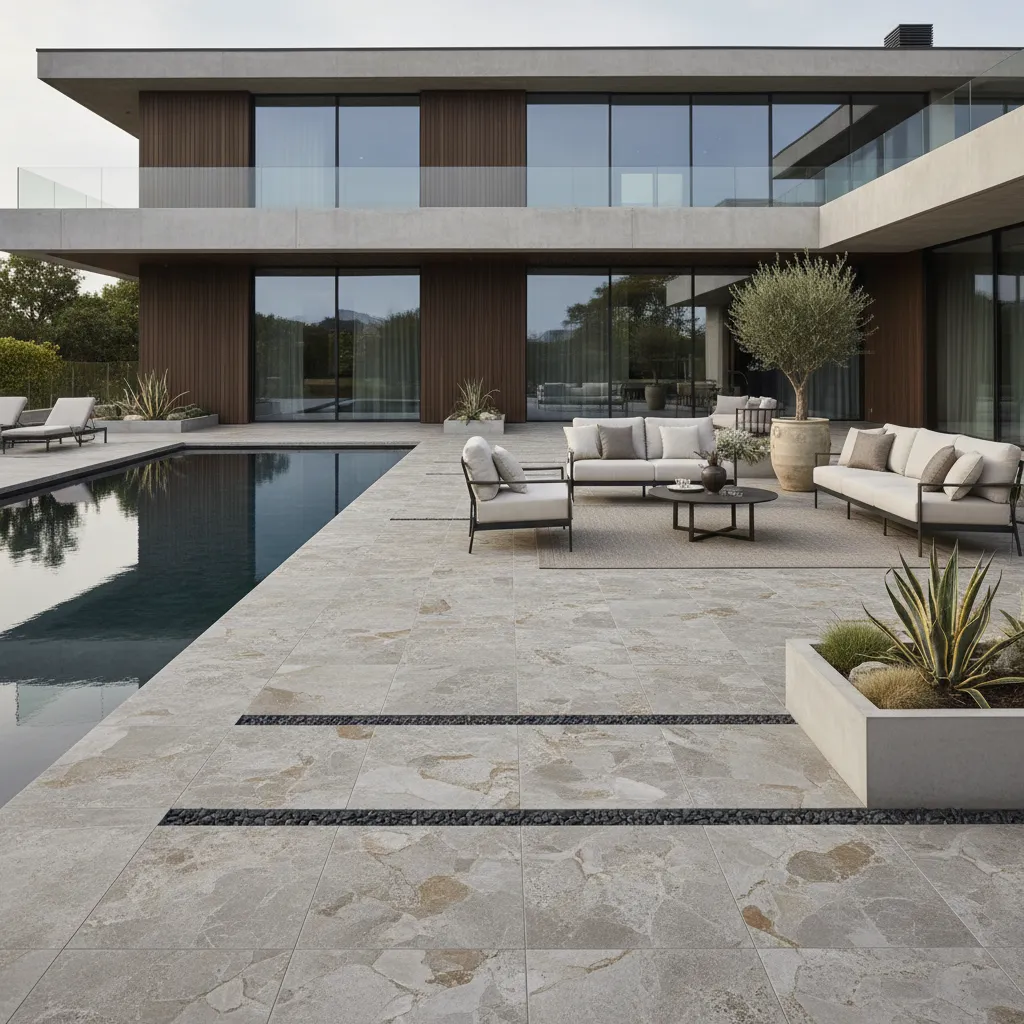 Modern outdoor patio with grey stone floor tiles, white sofas, swimming pool, and glass windows