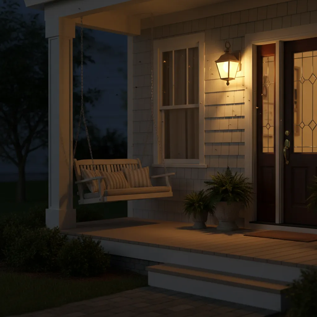 Outdoor porch light attracting flying insects at night