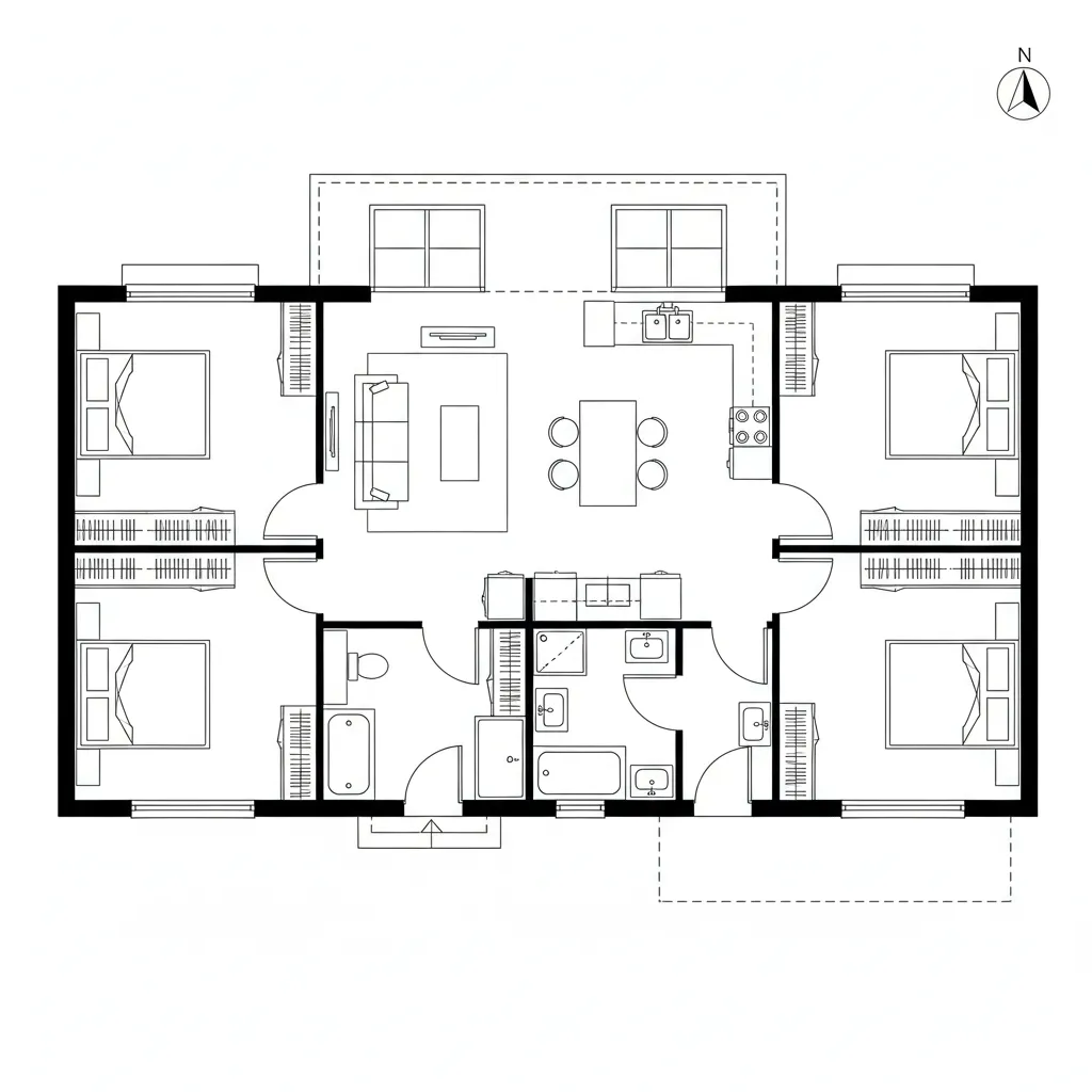 Interior design drawing of a four bedroom house with living room kitchen and two bathrooms