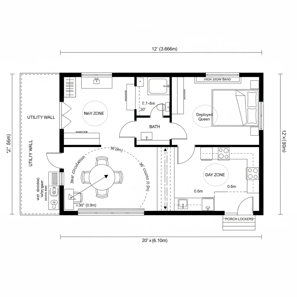 Technical floor plan drawing showing a studio apartment layout with dining table bed and bathroom