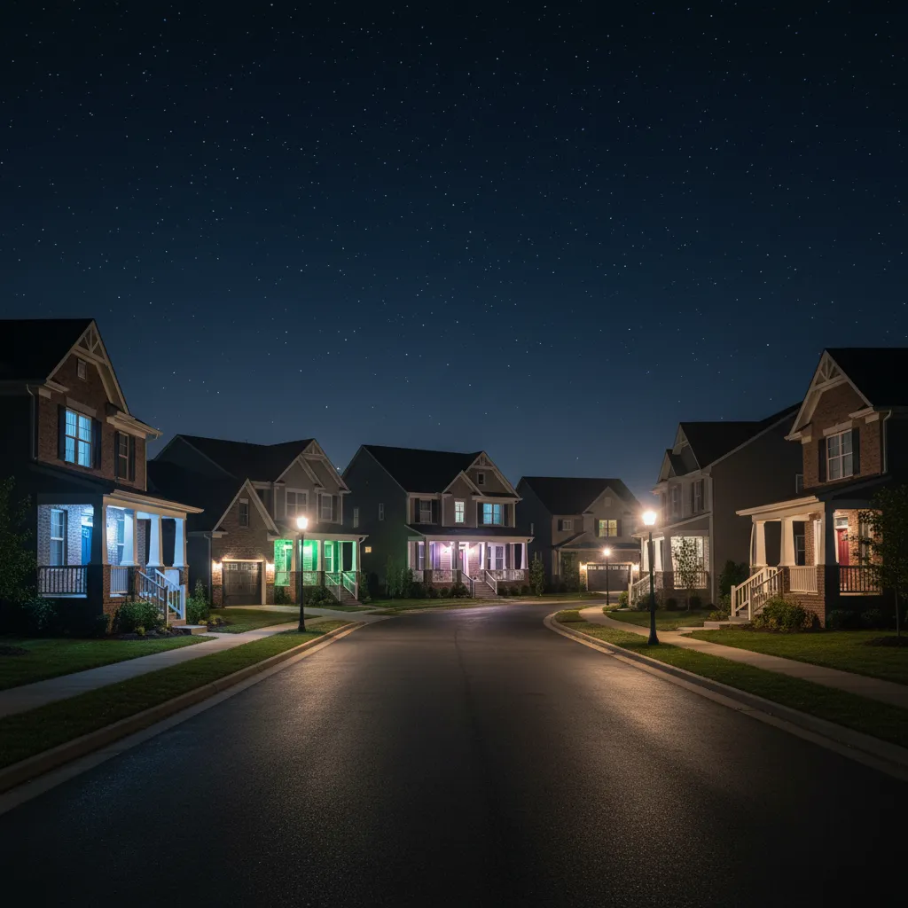 Neighborhood street with several homes using different awareness porch light colors