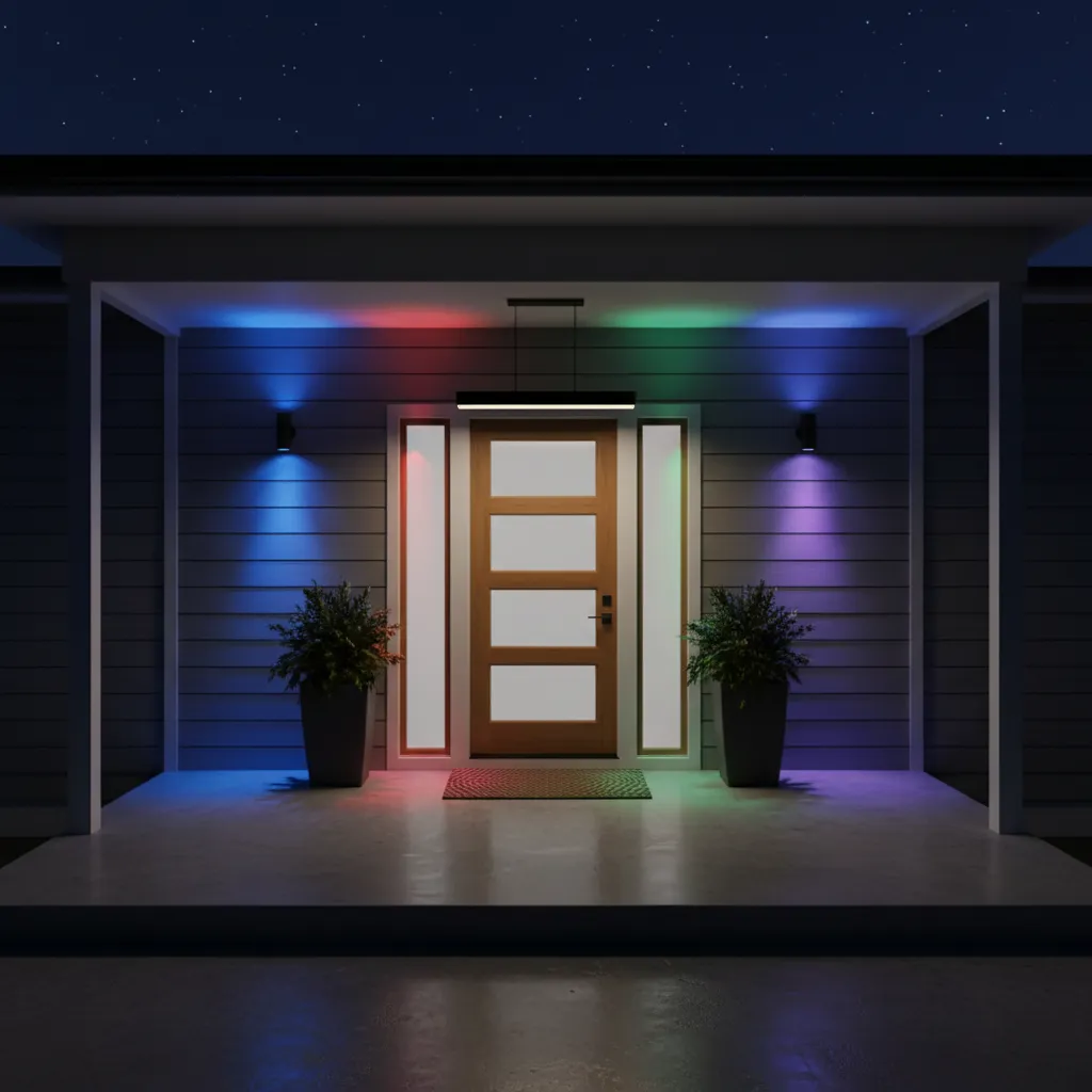 Front porch lighting showing blue red green and purple bulbs