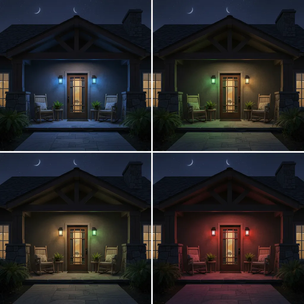 Comparison of porch lights in blue green purple and red on similar houses