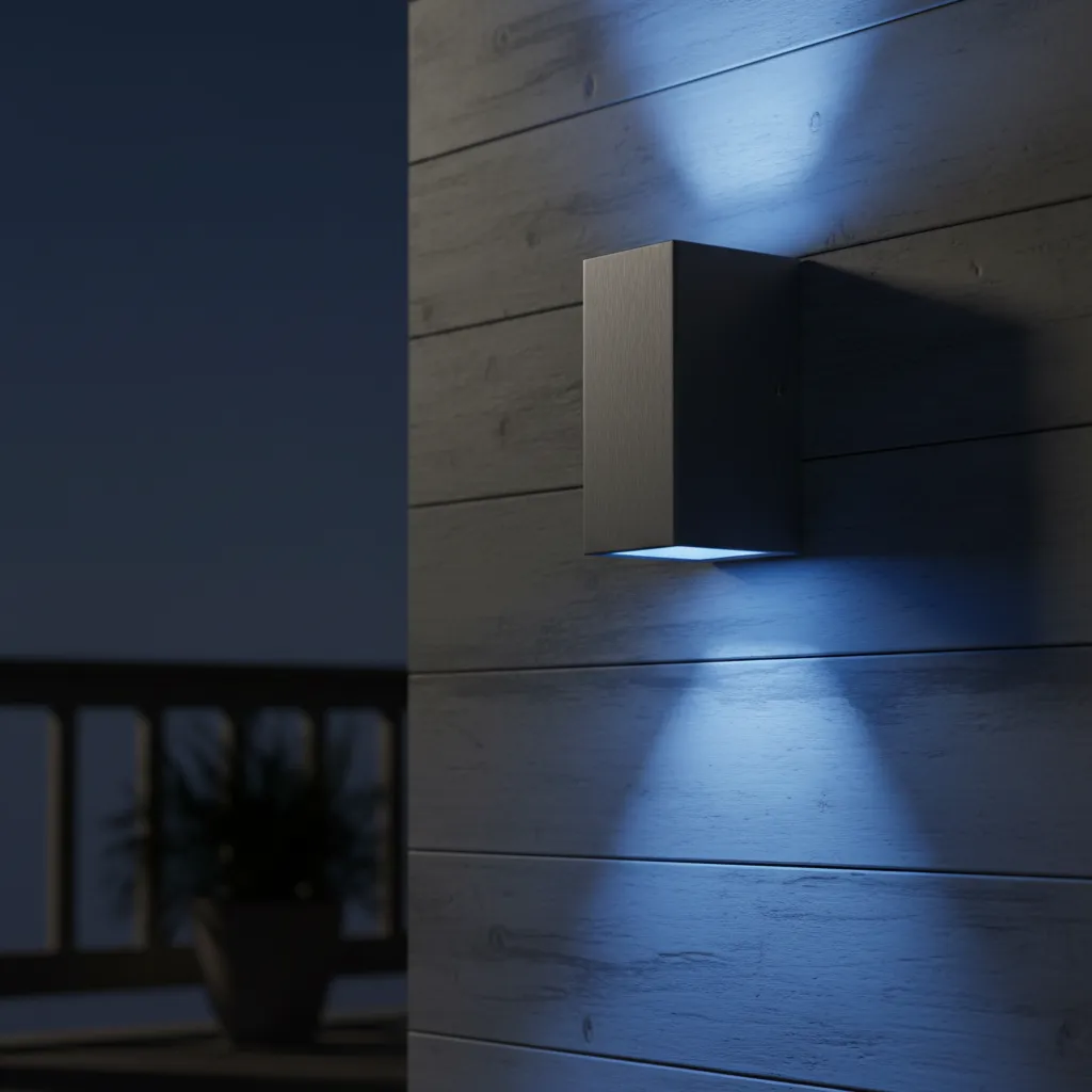 Outdoor porch light fixture directing blue light downward