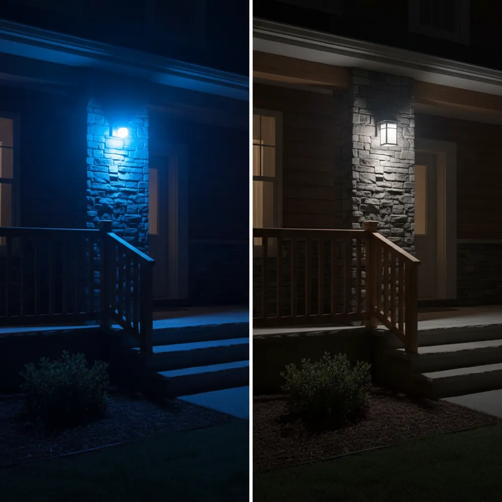 Comparison of exposed LED porch bulb glare vs shielded fixture