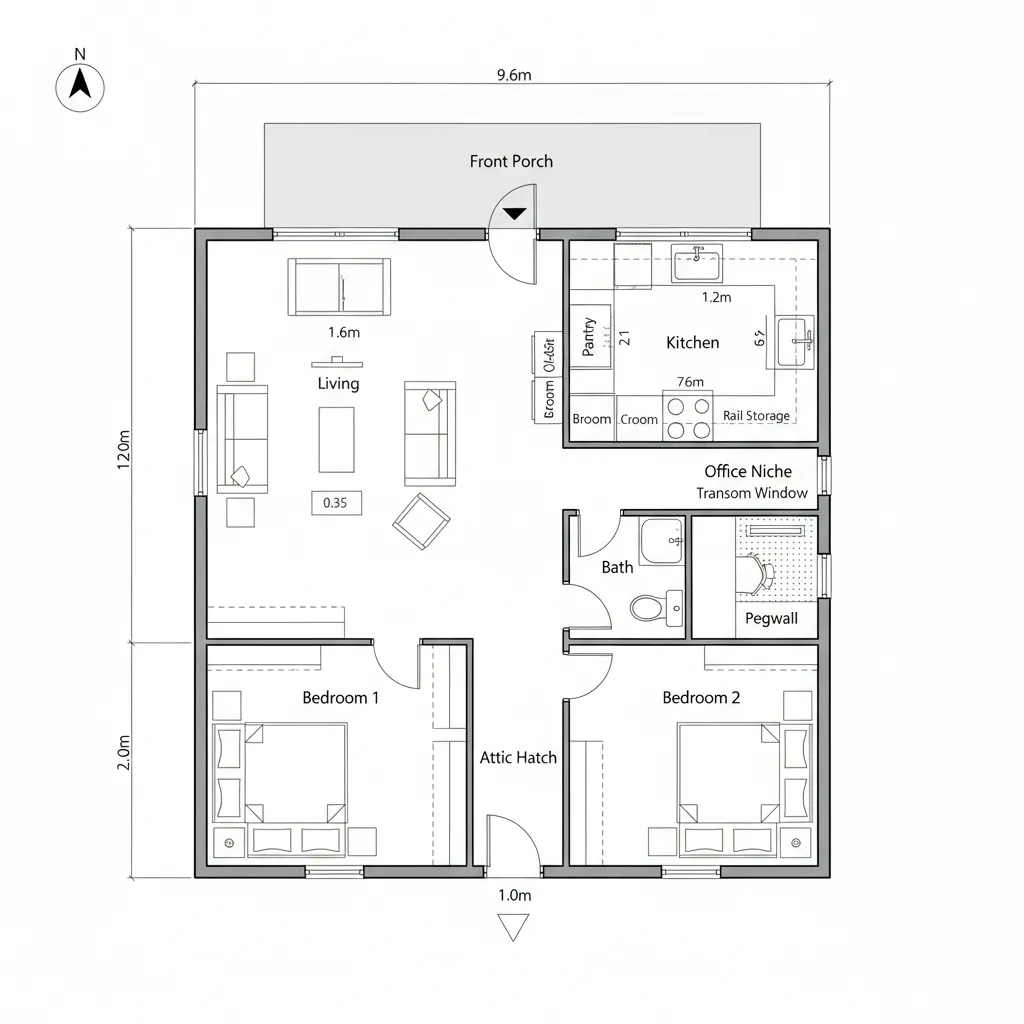 Detailed 2D house floor plan with two bedrooms office niche kitchen living room and porch