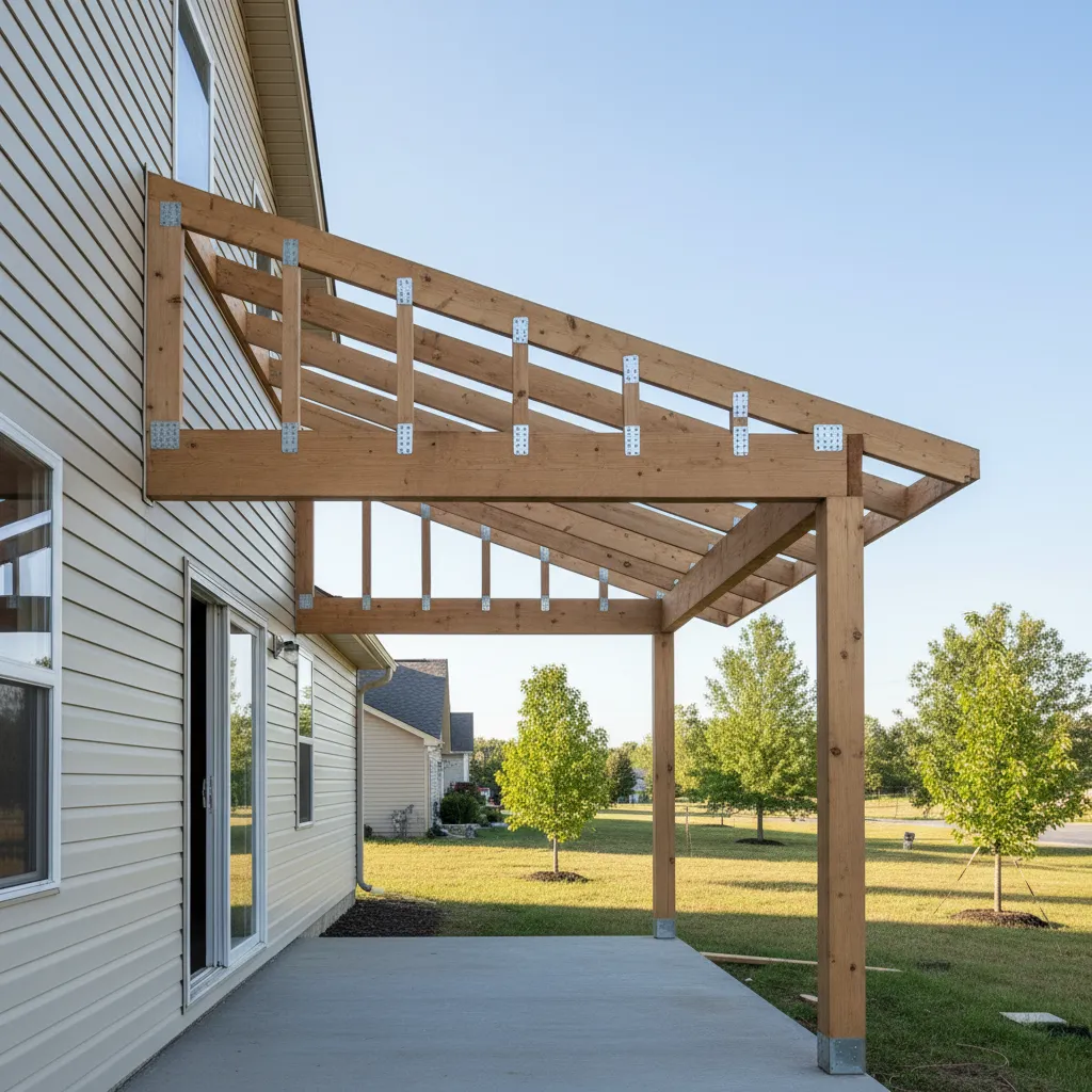wooden porch roof framing structure attached to house exterior