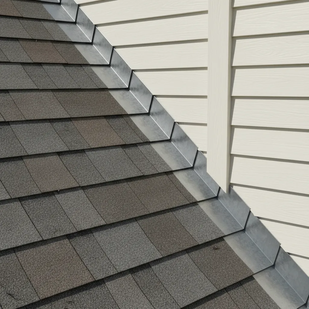 Close view of porch roof flashing where roof connects to house wall