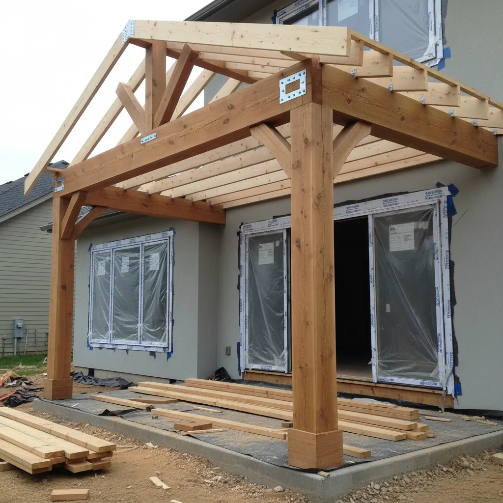 Porch roof framing with beams rafters and support posts during construction
