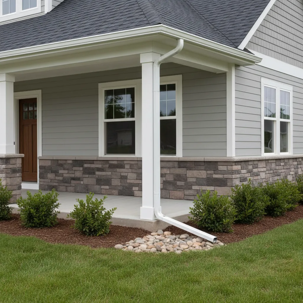 Porch roof with gutter system directing rainwater away from the house
