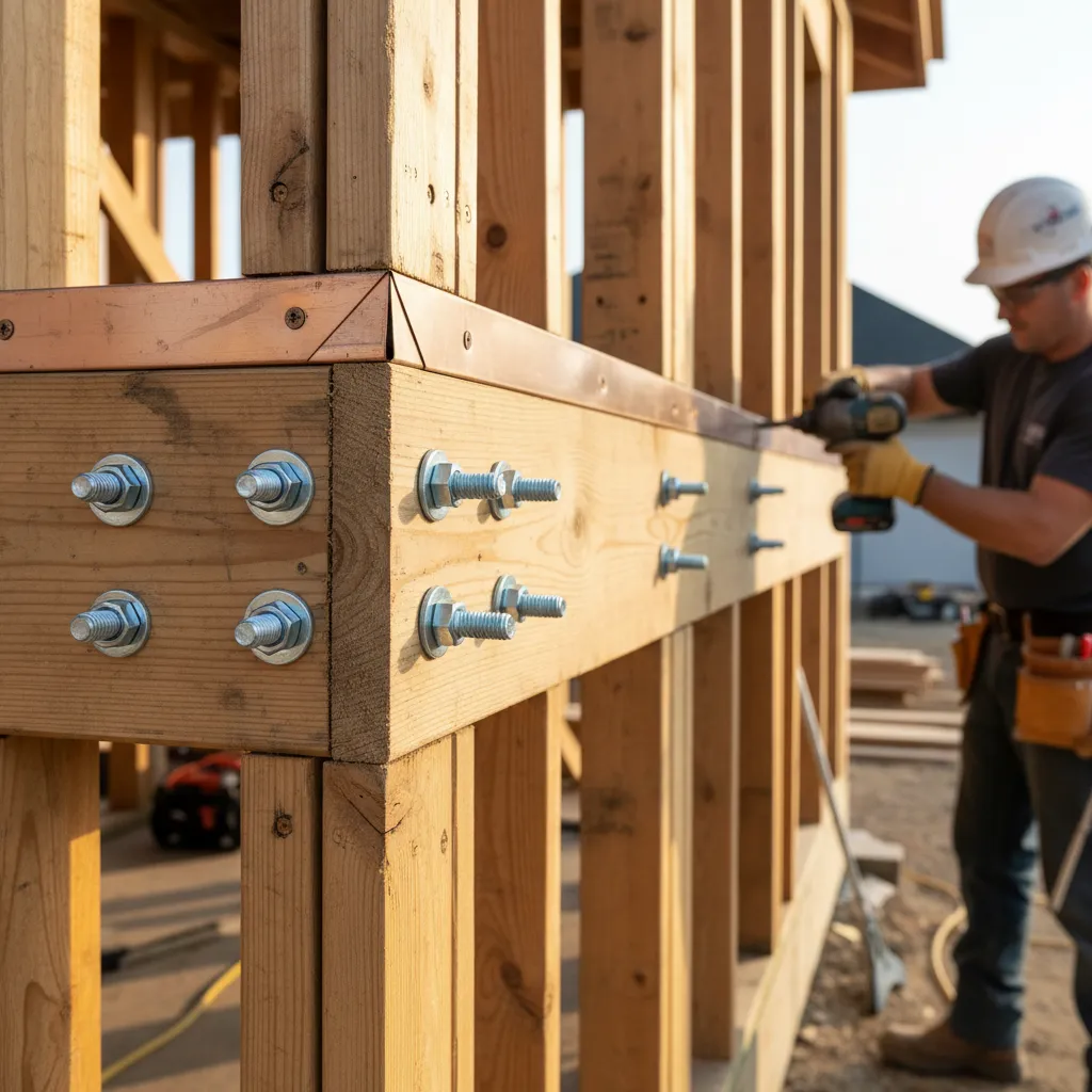 ledger board bolted to house framing for porch roof attachment