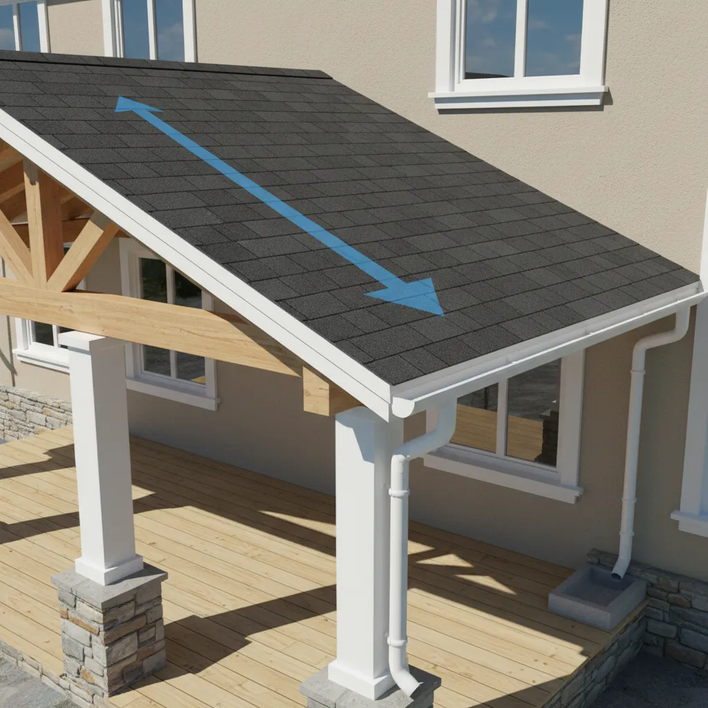 Side view diagram style visualization showing porch roof slope and water drainage