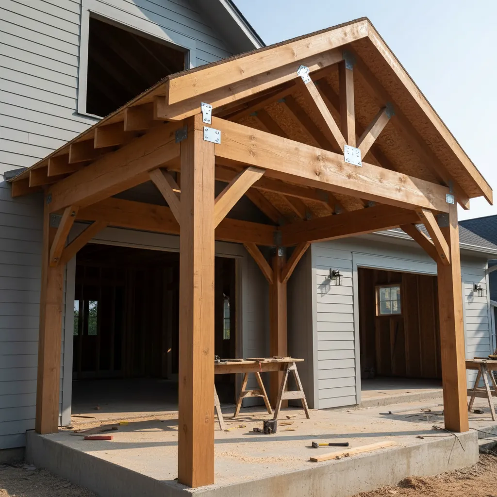 Wood porch roof frame showing beams rafters and metal connectors