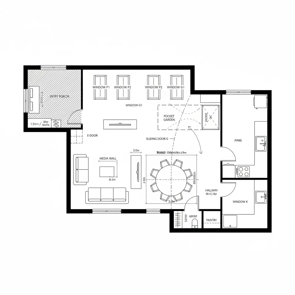 Top-down CAD plan of porch buffer, sala hub, dining and galley kitchen with cross-ventilation