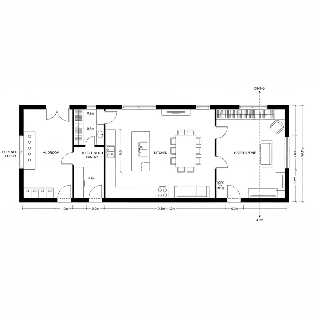 Interior design drawing of long narrow house with mudroom pantry kitchen island and separate living area