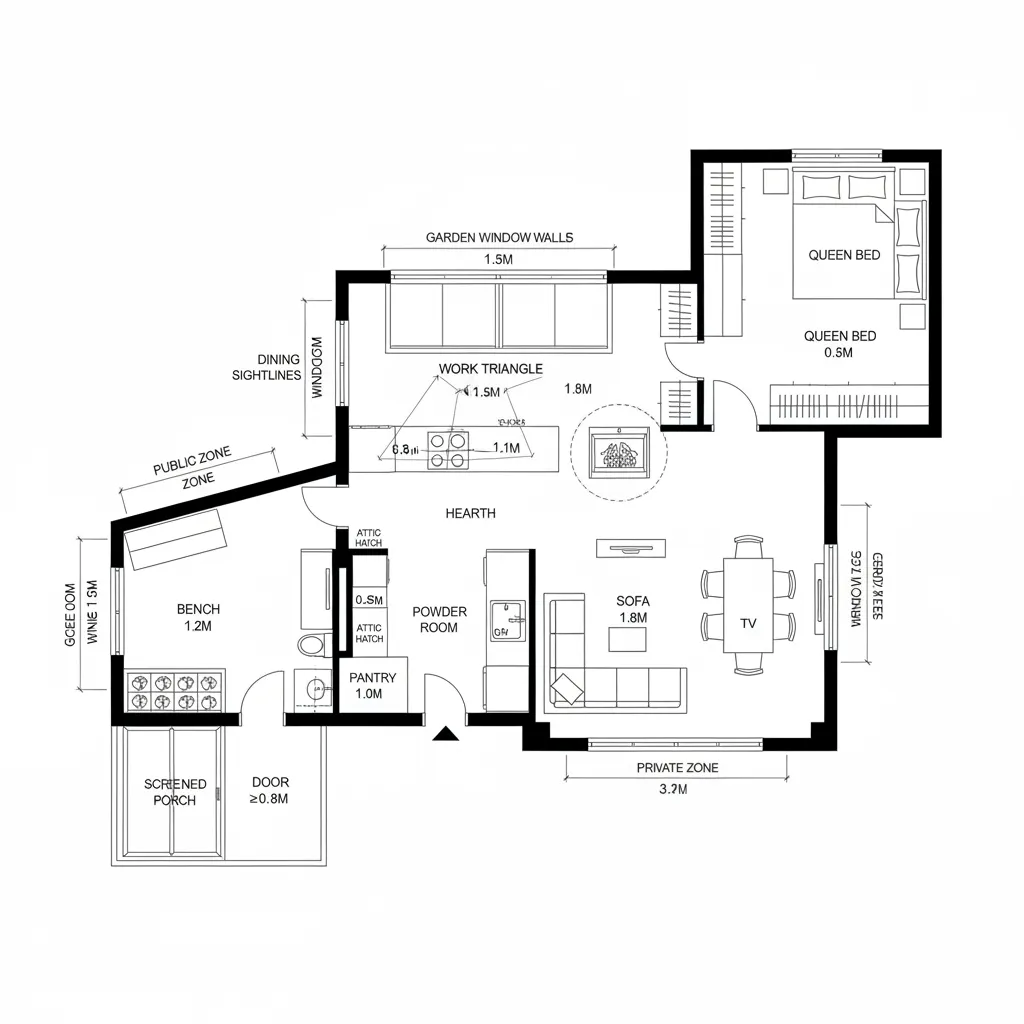 Porch-to-Hearth Spine (1-bed core)