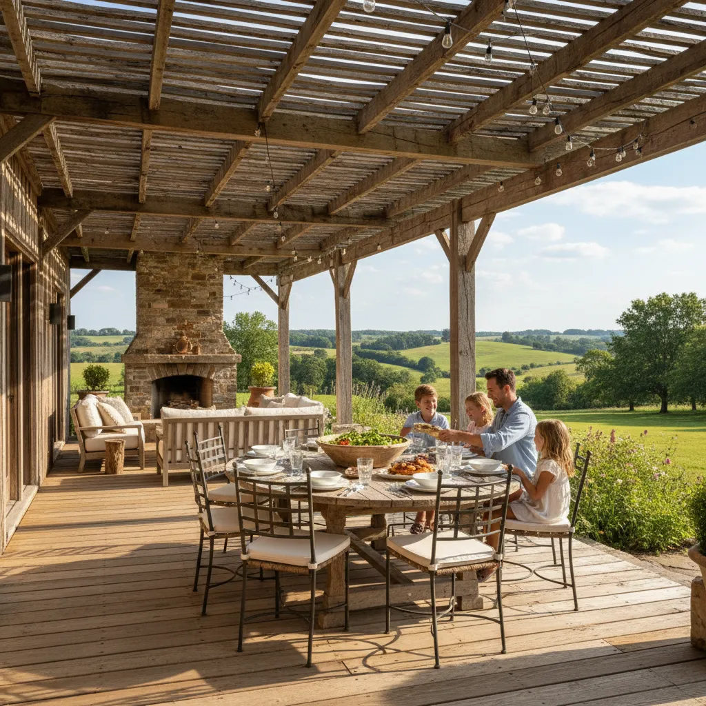 Porche amplio con comedor exterior en casa de campo