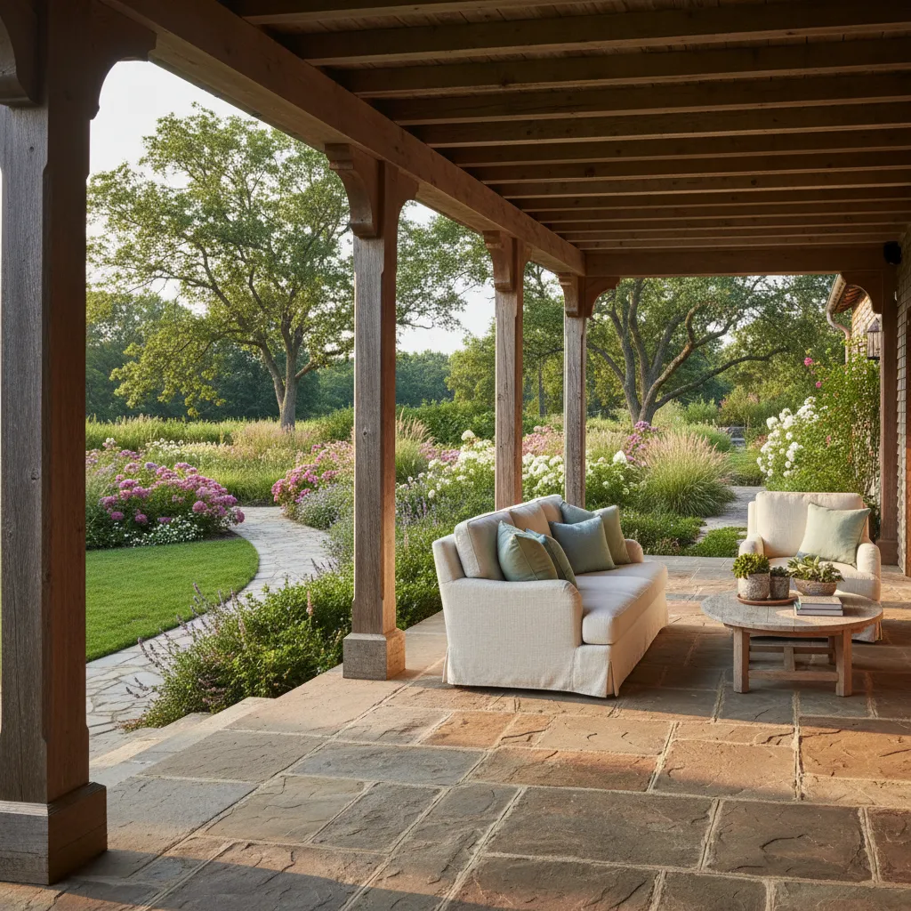 Porche de casa rural abierto hacia un jardín natural