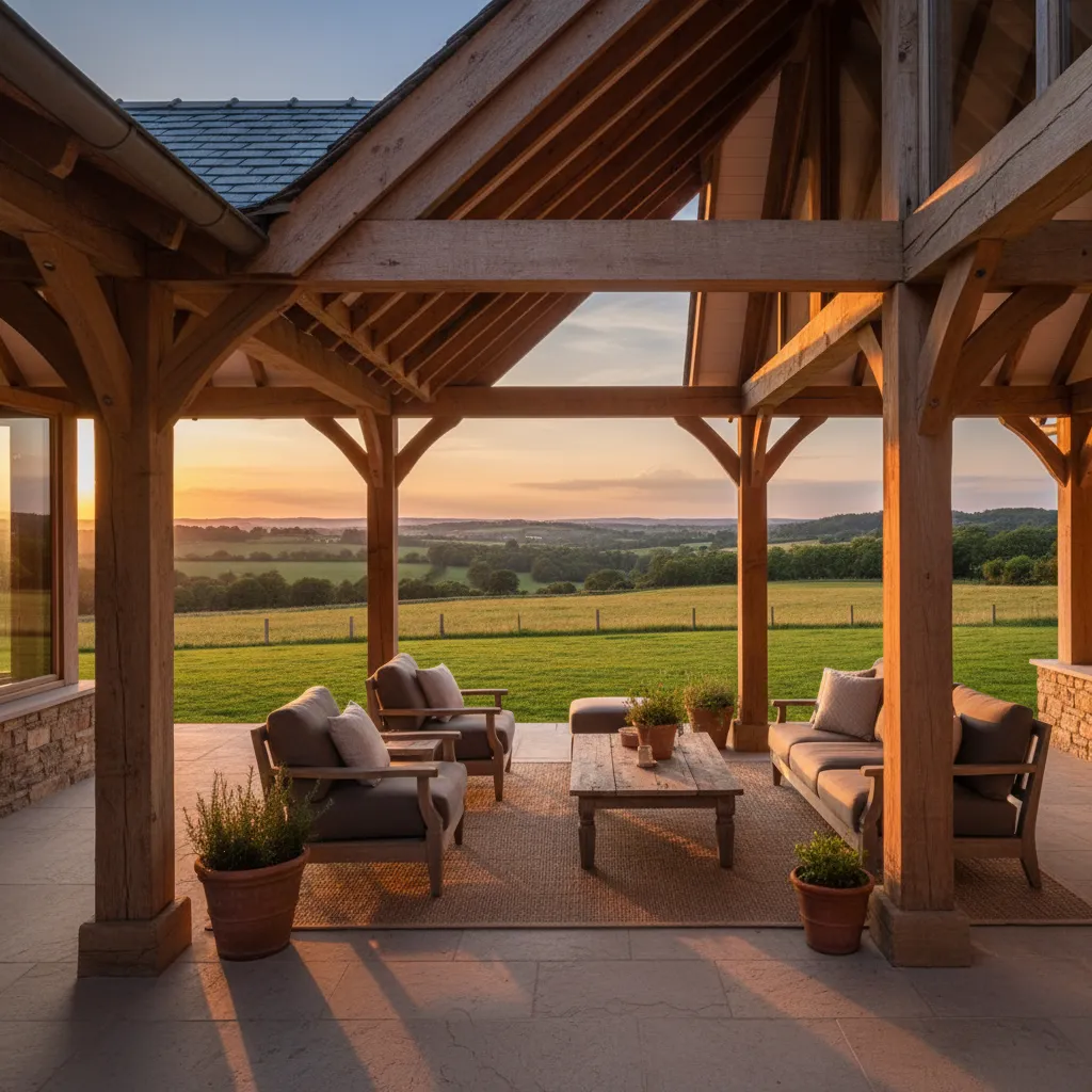 Amplio porche cubierto en una casa campestre con vista al campo