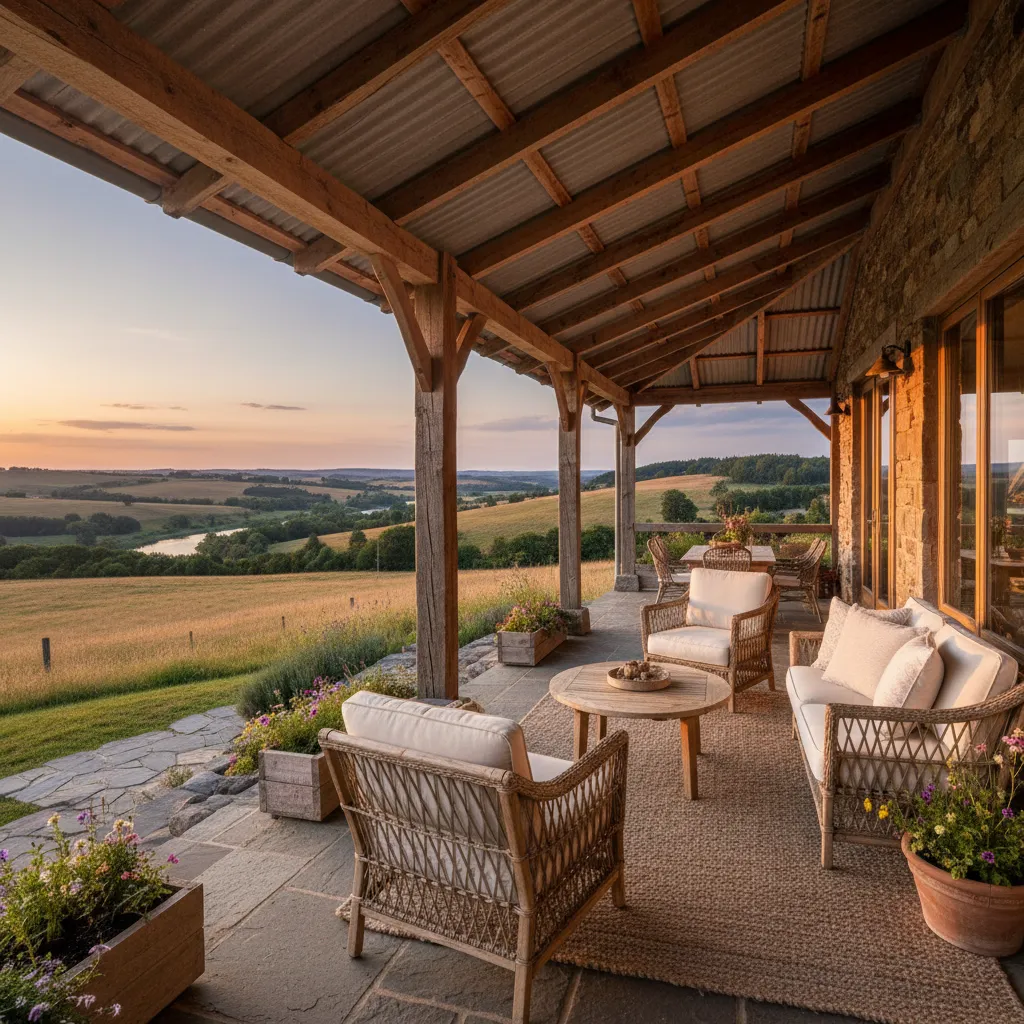 Porche amplio en una casa rural con vistas al paisaje
