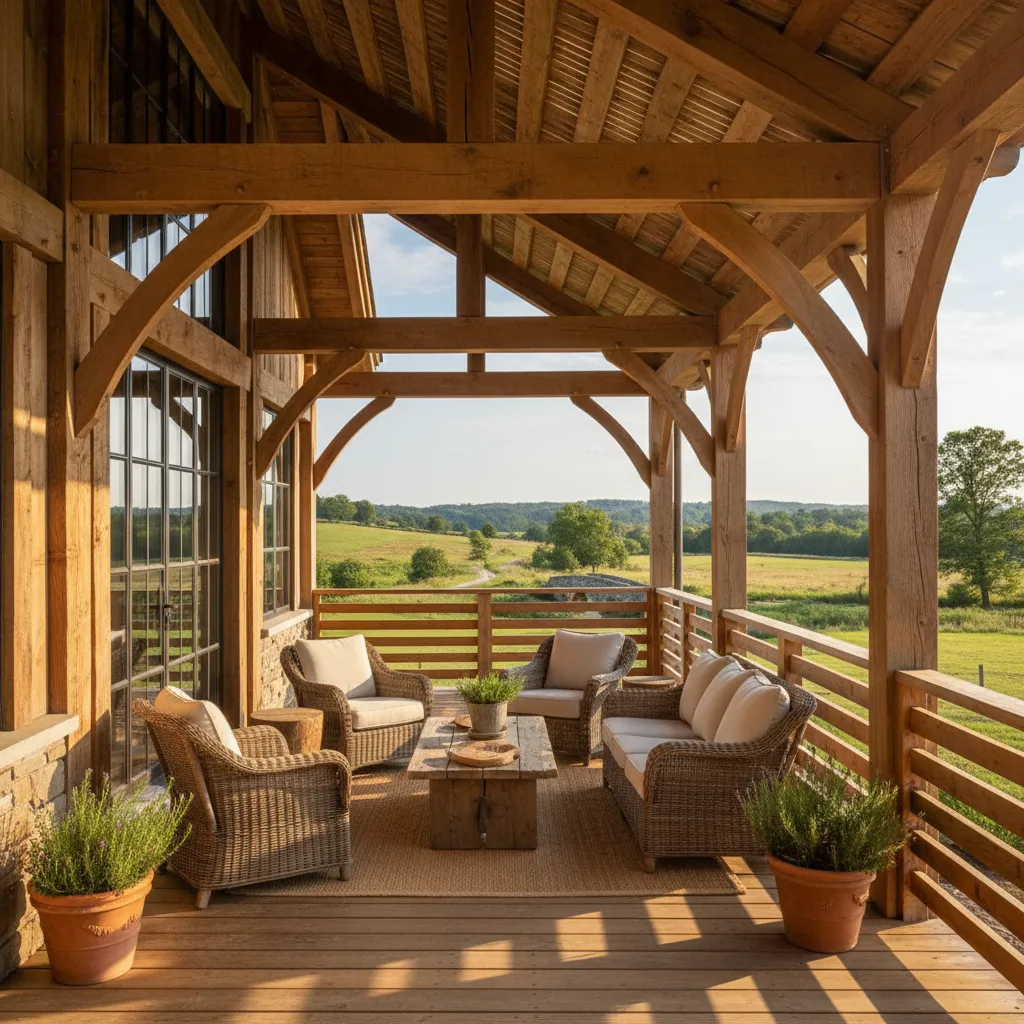 Porche exterior de una casa de campo con zona de descanso
