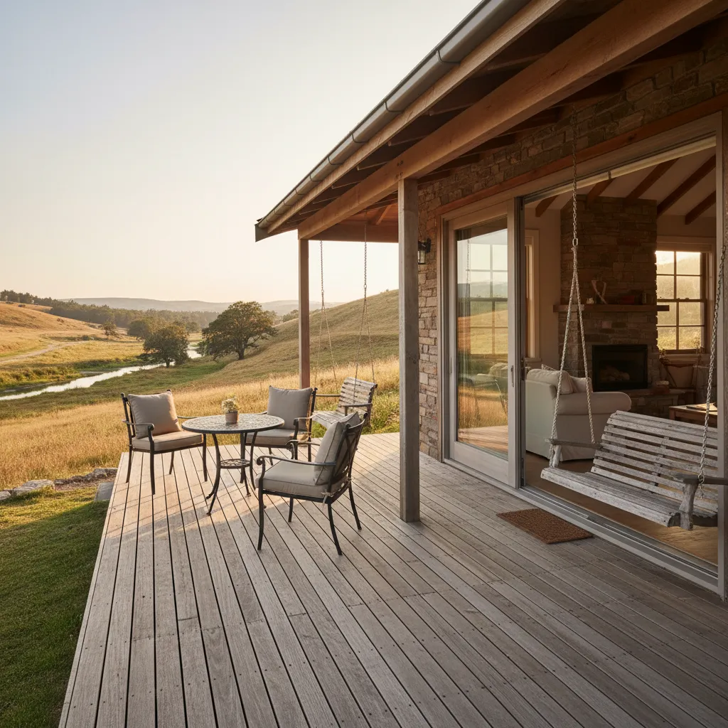 Porche exterior conectado con el salón en una casa rural pequeña