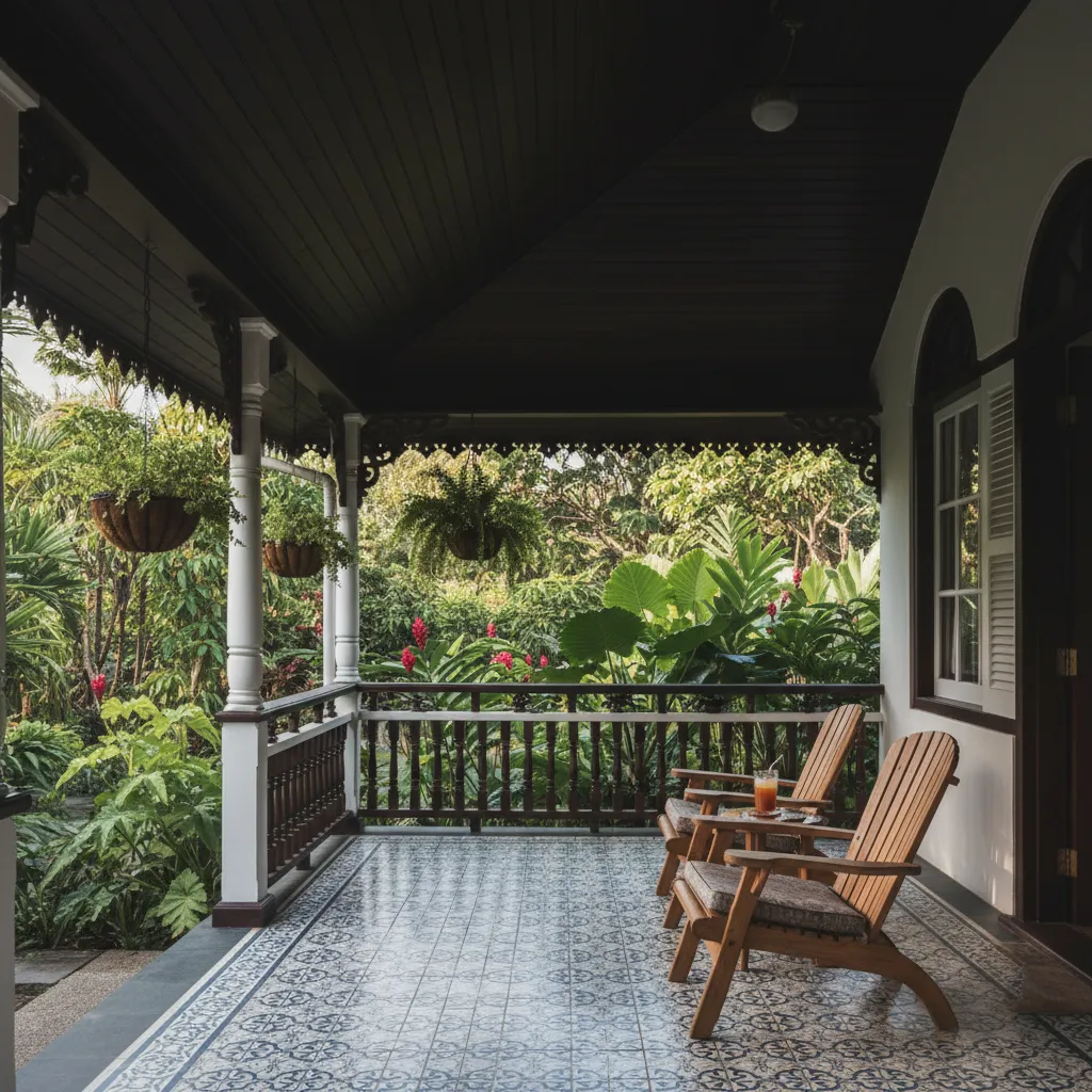 Porche frontal amplio con techo inclinado en casa tropical