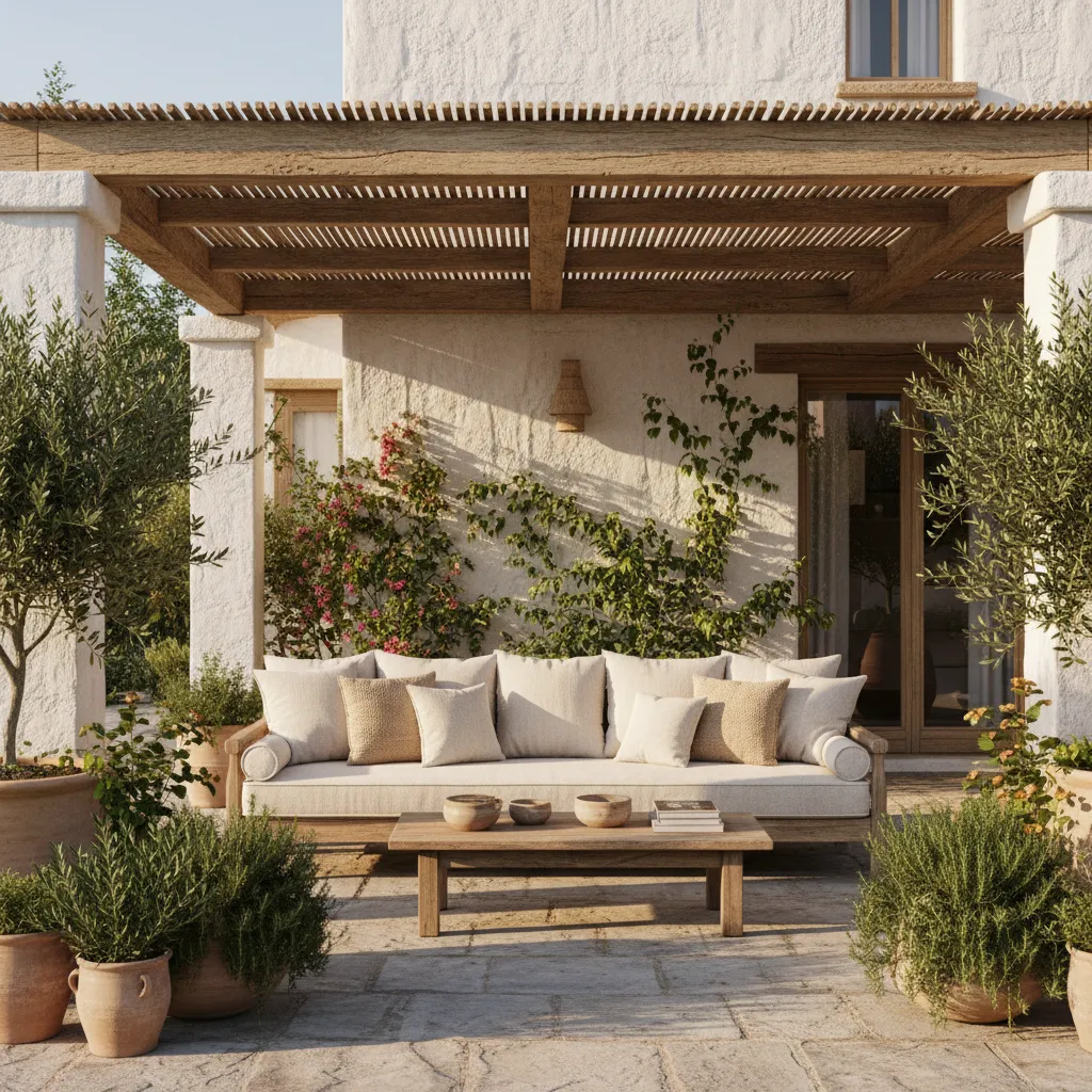 Porche de casa con sofá exterior y plantas