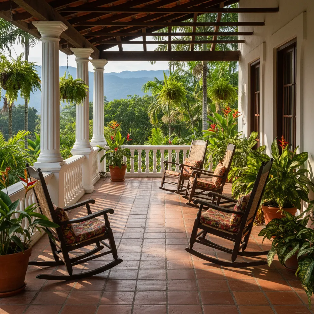 Porche colonial con columnas y mecedoras