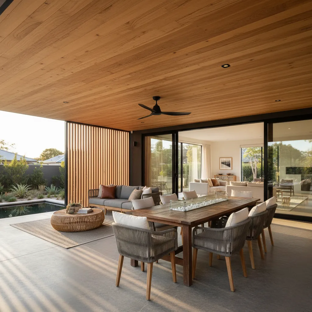 Outdoor dining area with wooden table grey chairs ceiling fan sofa and view of pool
