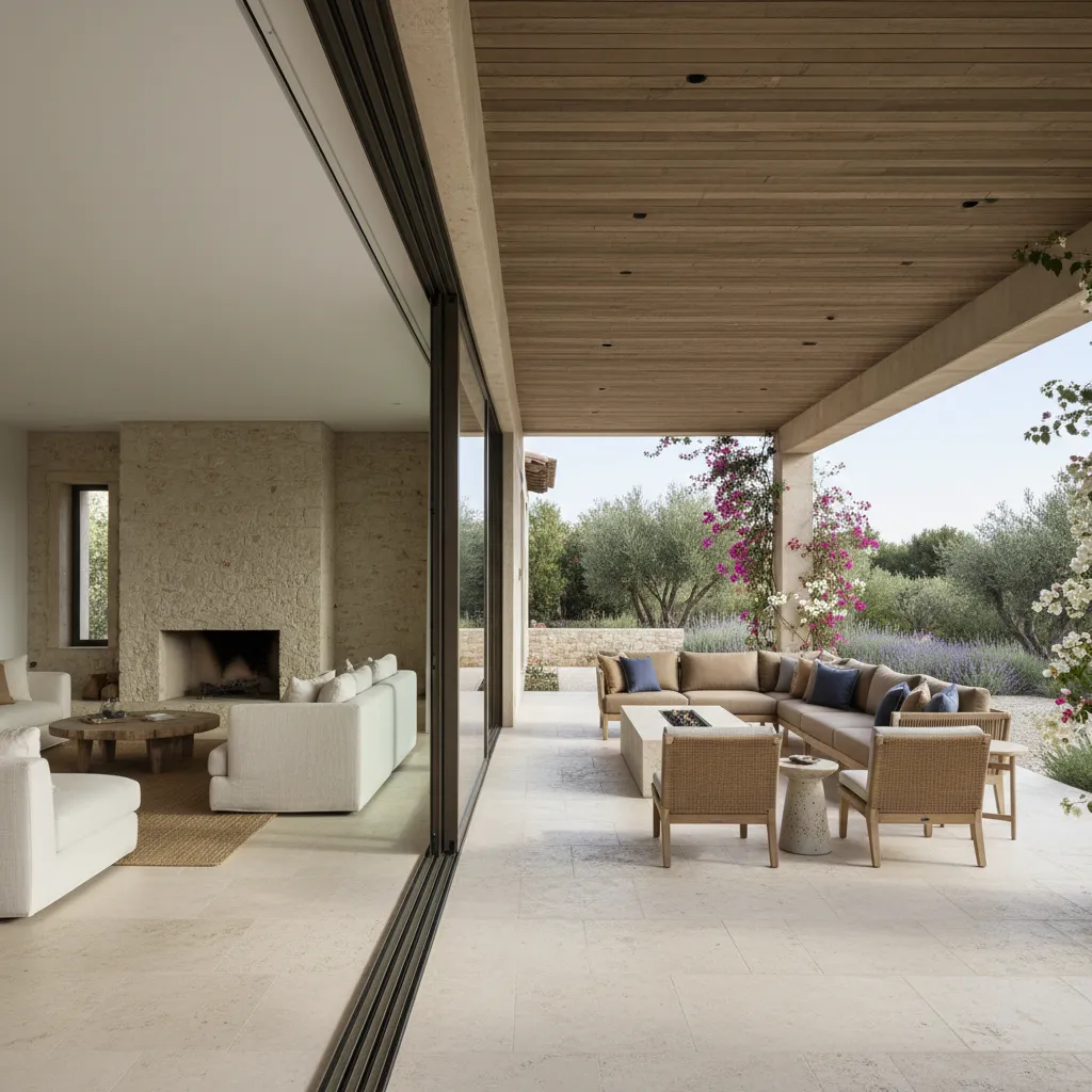 Porche conectado al salón mediante puertas correderas de vidrio