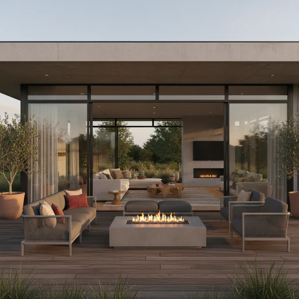 Modern outdoor deck with grey sofa seating fire pit glass doors and indoor living room