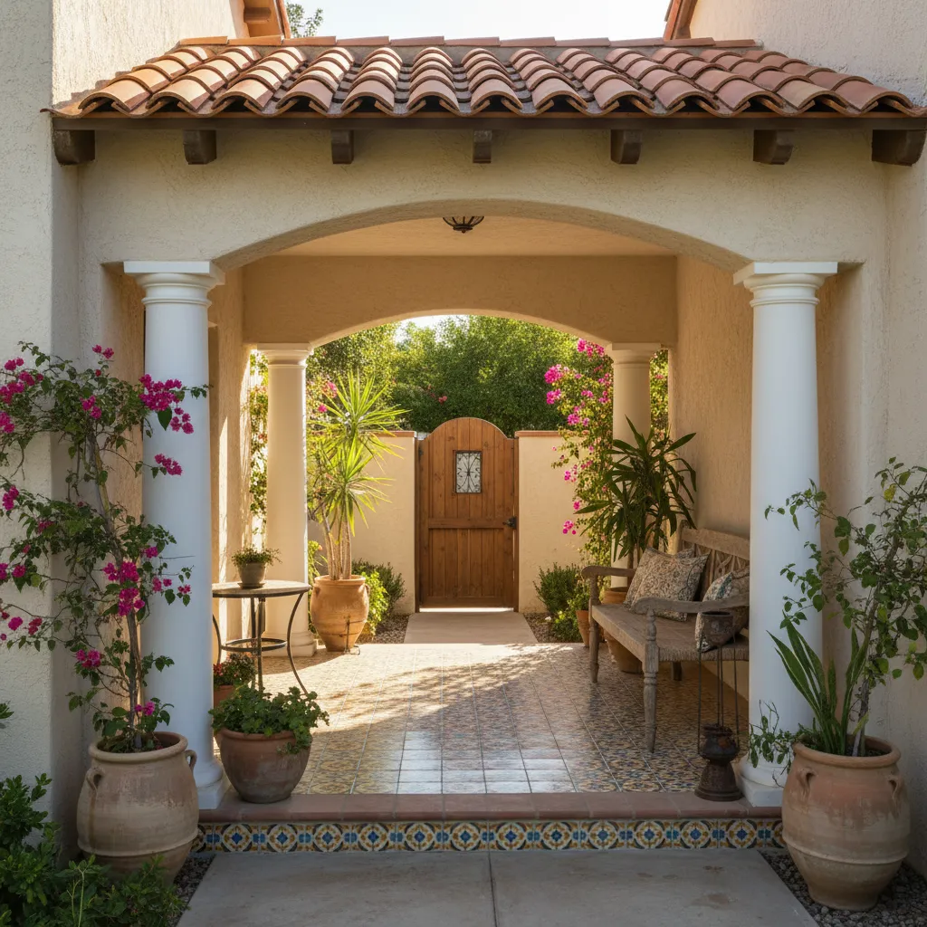 Porche frontal de estilo mediterráneo con columnas y suelo cerámico