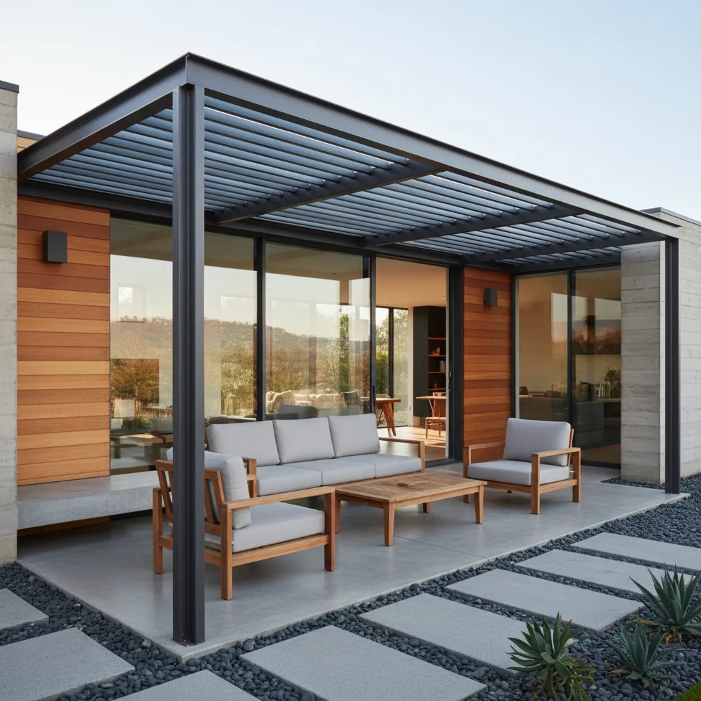 Porche moderno con pérgola metálica y muebles exteriores minimalistas