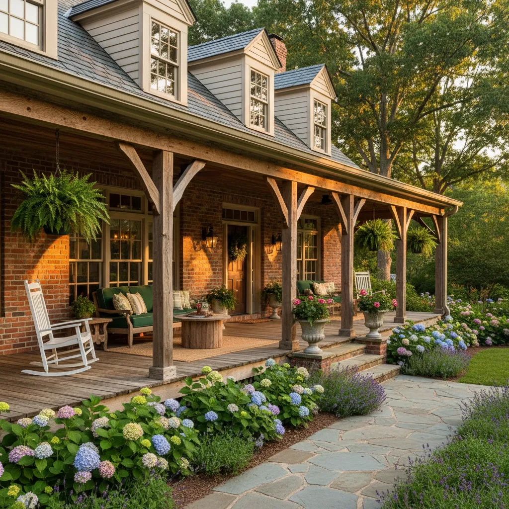 Casa tradicional con porche frontal amplio y sillas de exterior