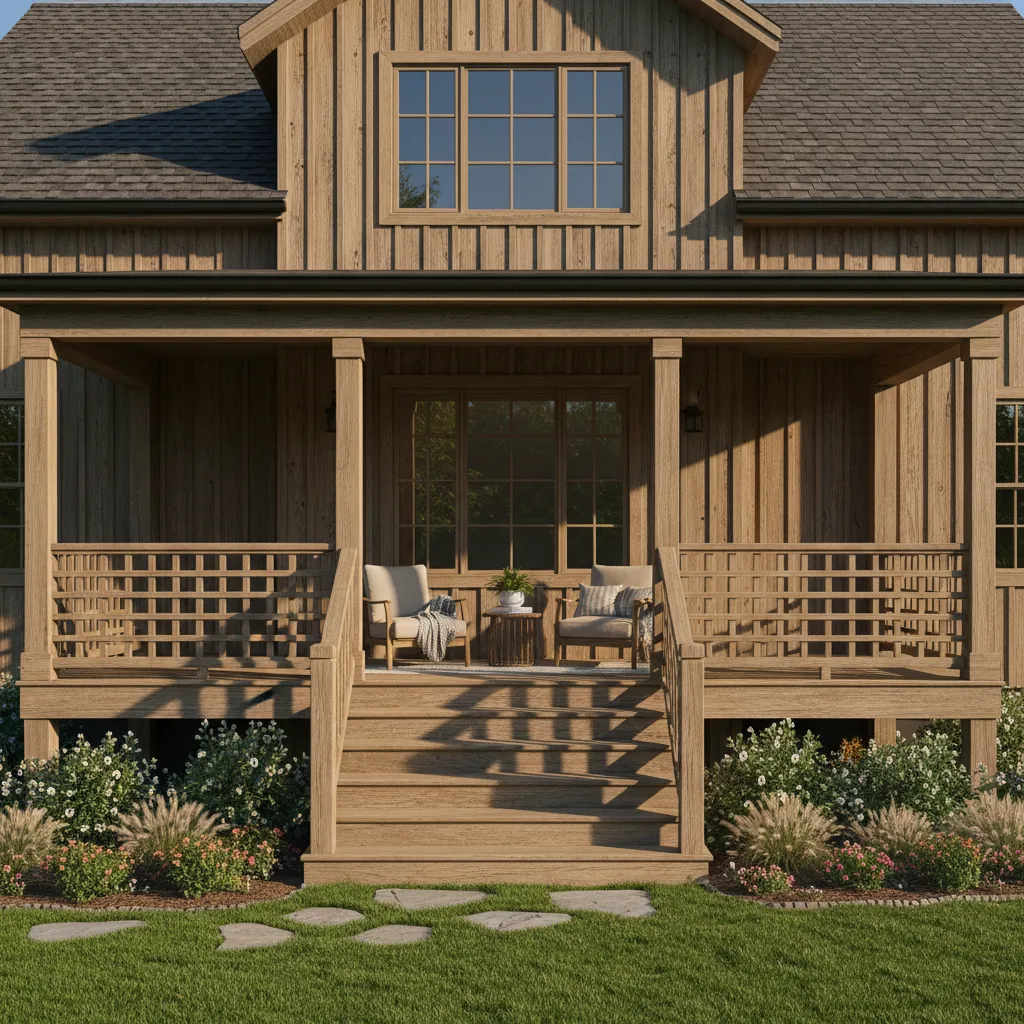 Casa con porche elevado y escalera frontal de acceso