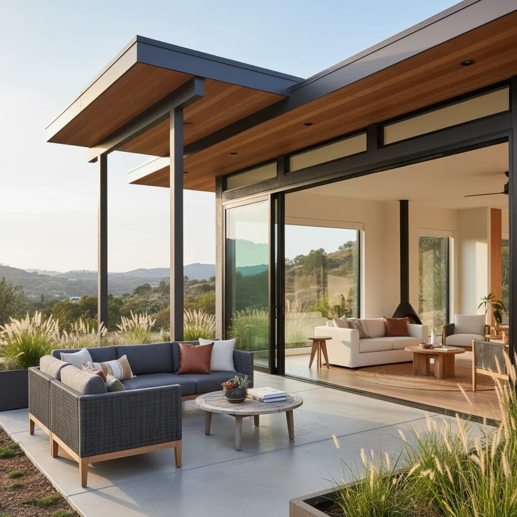 Porche conectado al salón con grandes puertas correderas