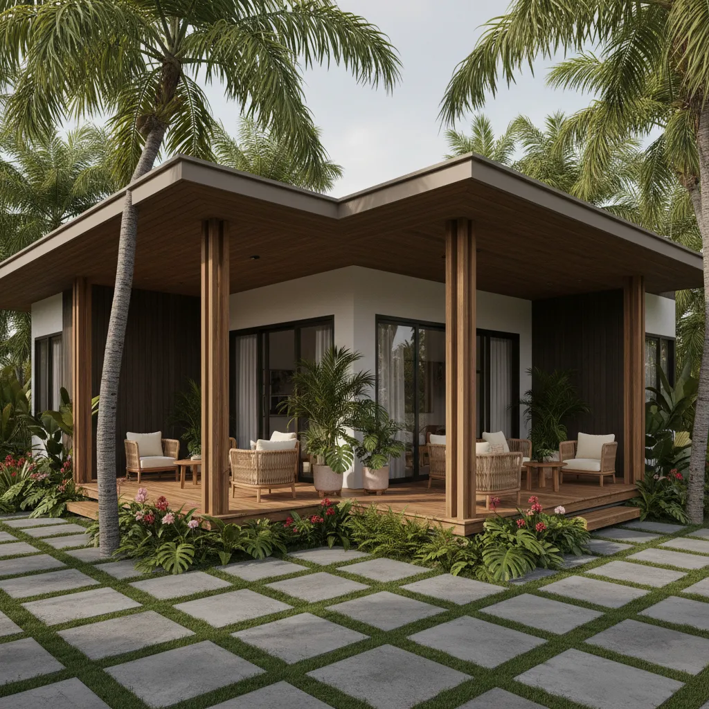 Porche en forma de L rodeando una casa moderna tropical