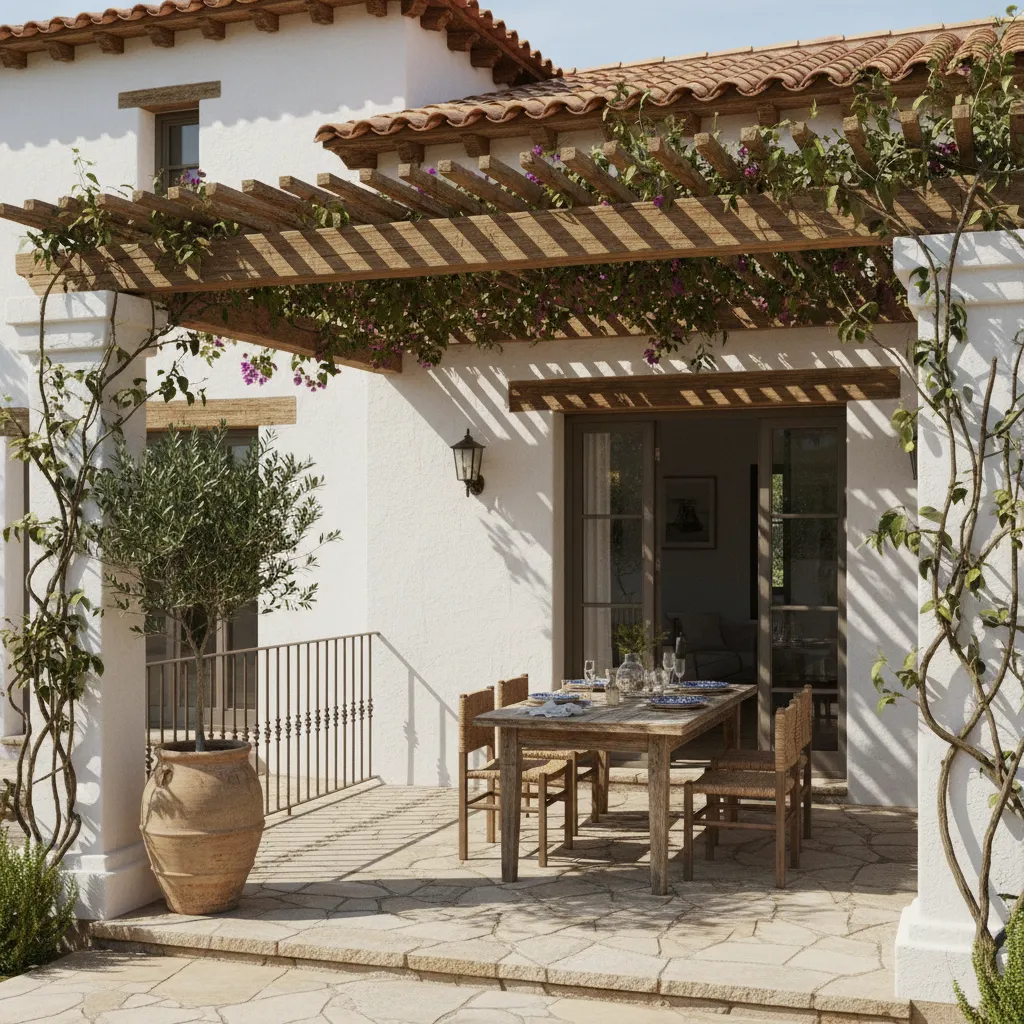 Porche con celosías de madera que filtran la luz del sol