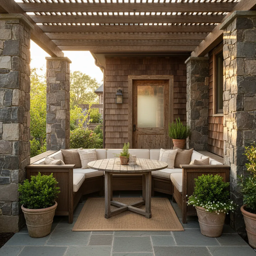 Porche pequeño con mesa redonda y banco integrado