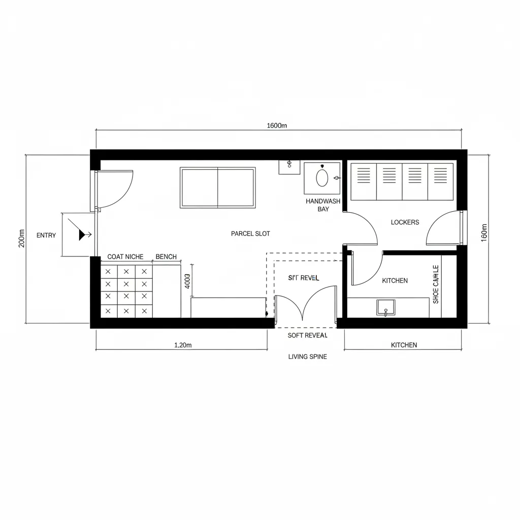 Top-down CAD plan of a foyer hub with drop zone and handwash bay