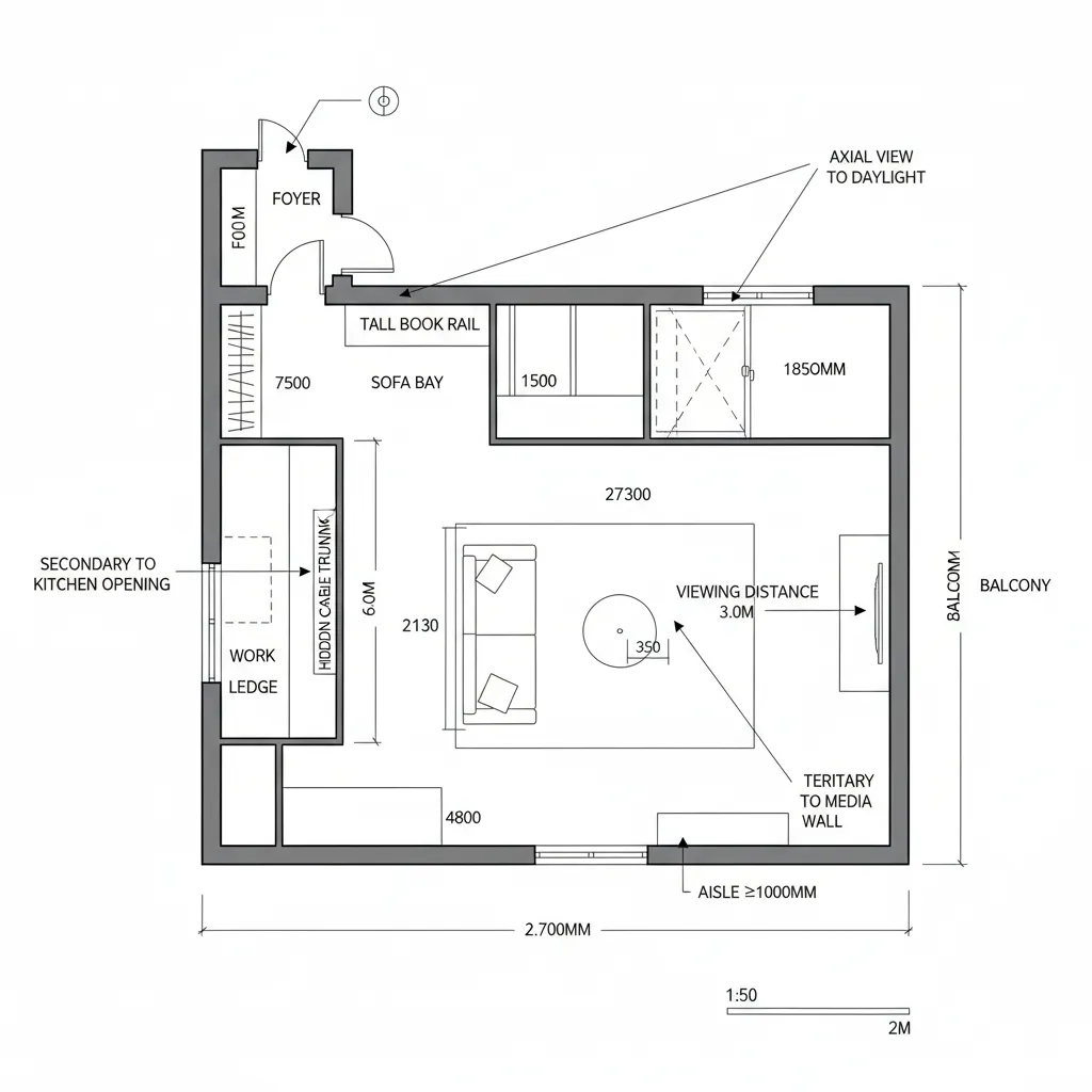 Top-down CAD plan of a linear living spine with desk rail and media field
