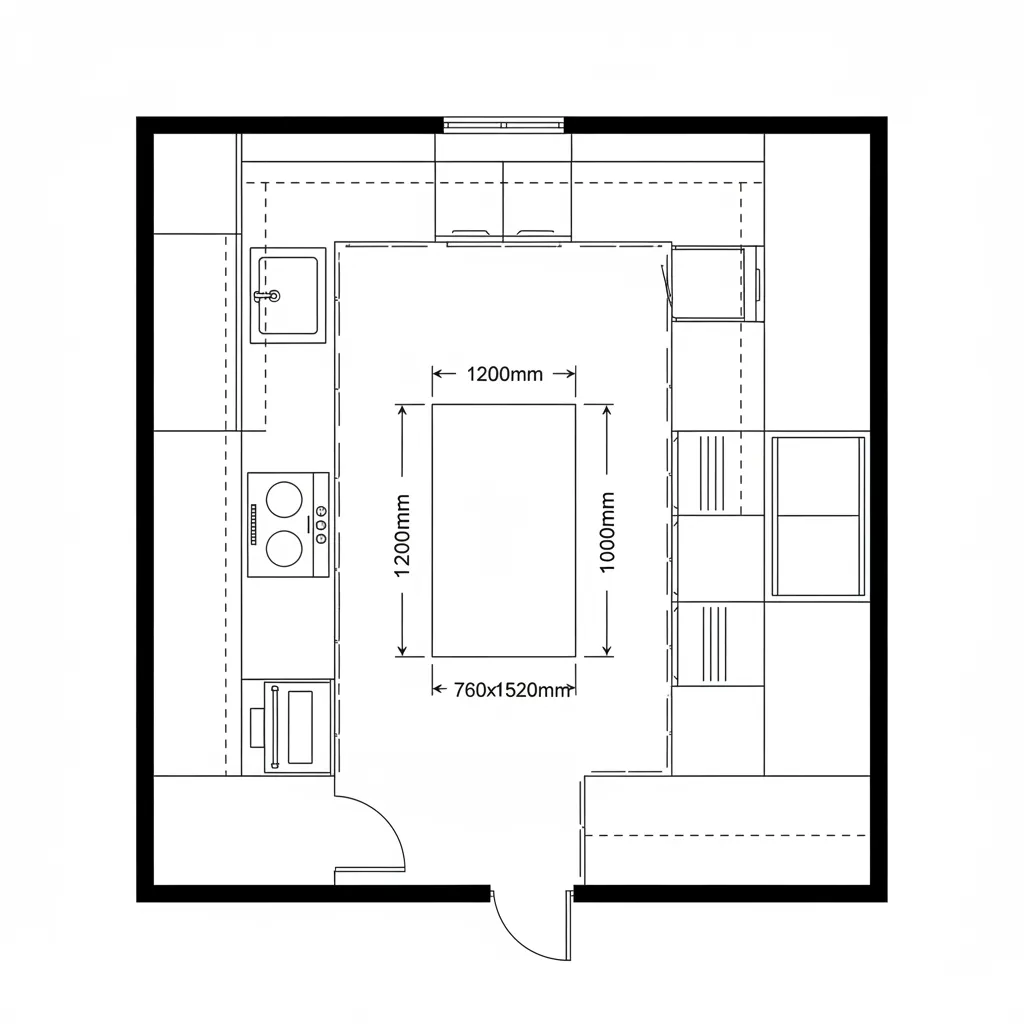 Top-down CAD plan of a galley kitchen with modular stations and island option