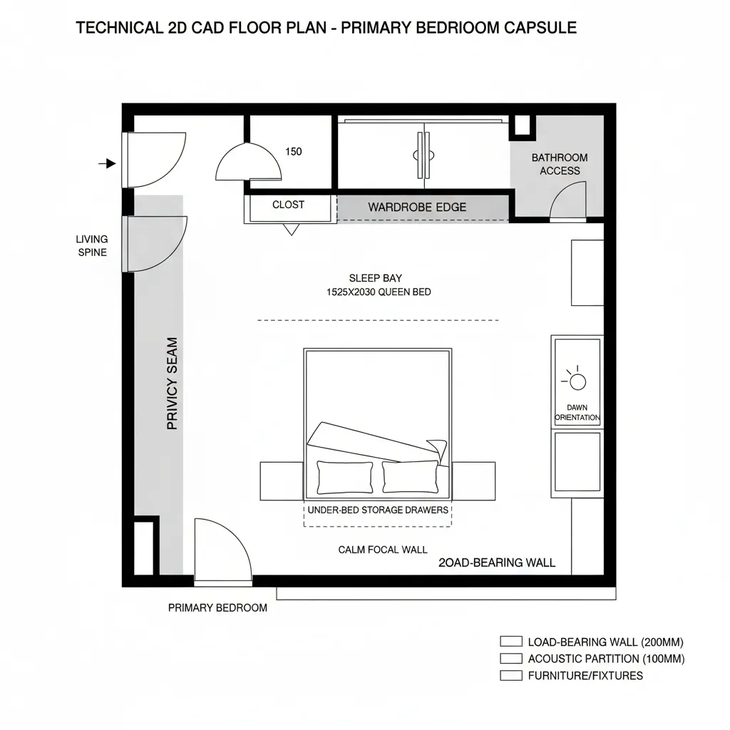 Top-down CAD plan of a primary bedroom capsule with wardrobe edge